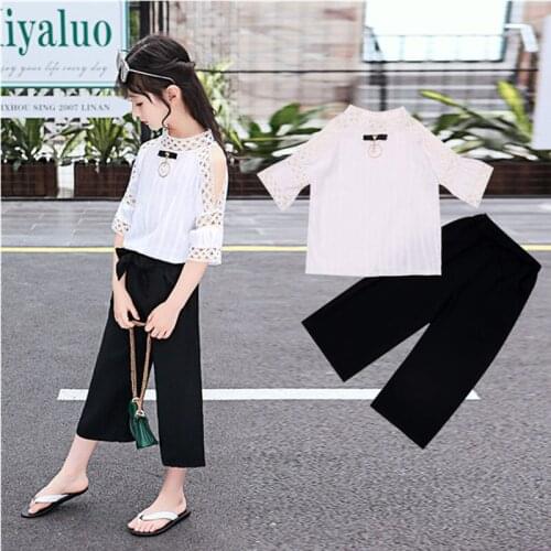 Teens Girl Clothing Sets Short Sleeve Hollowed T-Shirt & Wide Led Pants 2Pcs Summer Girls Outfit Set 4 5 6 7 8 9 10 11 12 13 14T