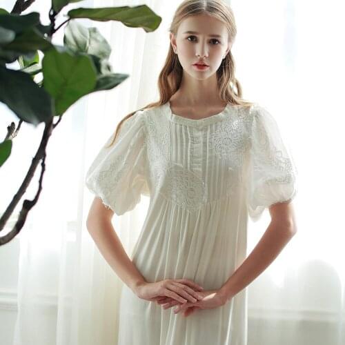 Beautiful Lantern Bubble Short Sleeve Modal Nightdress Women Cotton Vintage StretchCotton Retro Long White Nightgown Summer