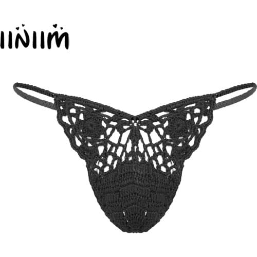 Iiniim Mens Exotic Panties Handmade Crocheted G-String Hollow Out Sissy Bulge Pouch Briefs T-Back Thongs Underwear Underpants