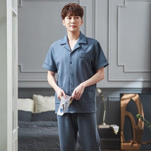 Men Short-Sleeve Tops + Long Pants 2pcs/set Cardigan Pajamas Summer Full Pure Cotton Male Pyjamas Solid Men Home Set Sleepwear