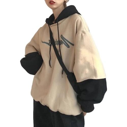 2020 New Autumn And Winter Oversize Fake Two-piece Girl Hoodie Loose Plus Velvet Thick Letter Printing Mid-length Women Pullover