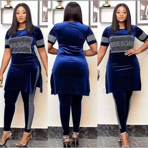 2021 New African Fashion Plus Size Velvet Top+Pencil Pants Suit 2 Piece Matching Set Tracksuit Casual Beading Women Sets Clothes