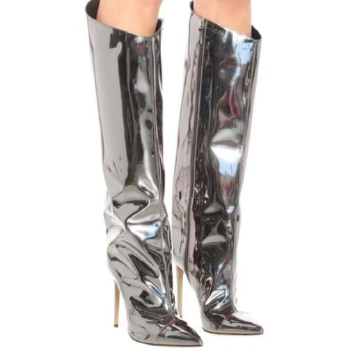 New Winter Women Boots Slim High Heel Thin Heels Knee High Long Boots Pu Silver Fashion Shoes Woman Rome Motorcycle Boots Botas