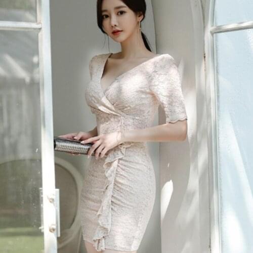 New arrival fashion comfortable ruffles mini formal dress high quality elegant vintage work style lace perspective pencil dress