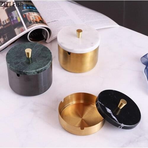 European Style Marble Alloy Ashtray with Lid Anti Fly Ash Luxury Stainless Steel Car Brass Color Multifunctional Ashtray Decor