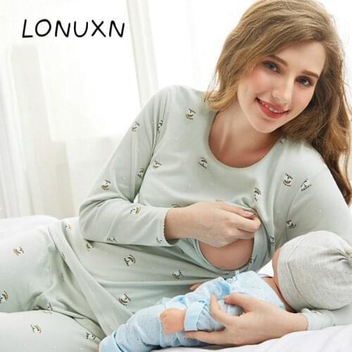 High quality Maternity and Nursing Set Pregnant Pajamas Postpartum Nightwear Premama Cotton Tops&pants Long Sleeve Top&pants