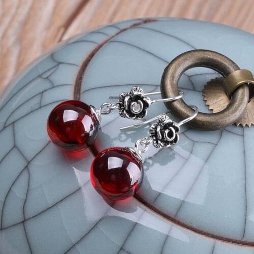 925 Sterling Silver colour Pomegranate Tassel Drop Earring Women Red Garnet & Black Agate Thai Silver color Earrings Jewelry