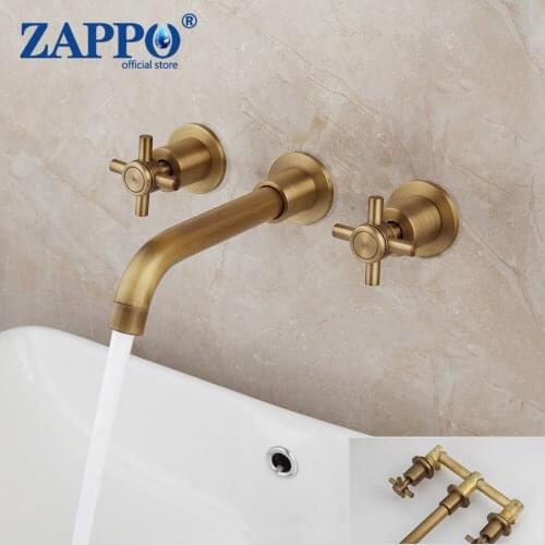 ZAPPO Bathtub Basin Faucets Antique Brass Bathroom Sink Mixer Tap Faucet 3 Pcs Wall mounted Faucets Dual Handle Sink Mixer Tap