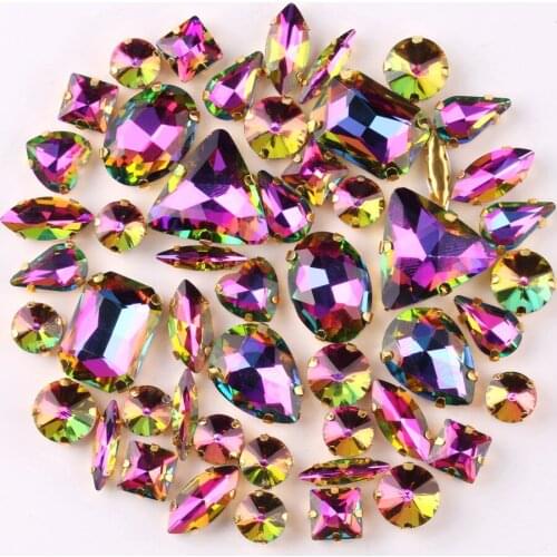 Gold claw settings 50pcs/bag shapes mix Flame rainbow glass crystal sew on rhinestone garments shoes bags diy trim
