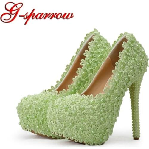 Green Lace Flower Bridesmaid Shoes 14cm High Heel Pearl Heels Platform Bride Dress Shoes Pink White Girl Birthday Party Pumps