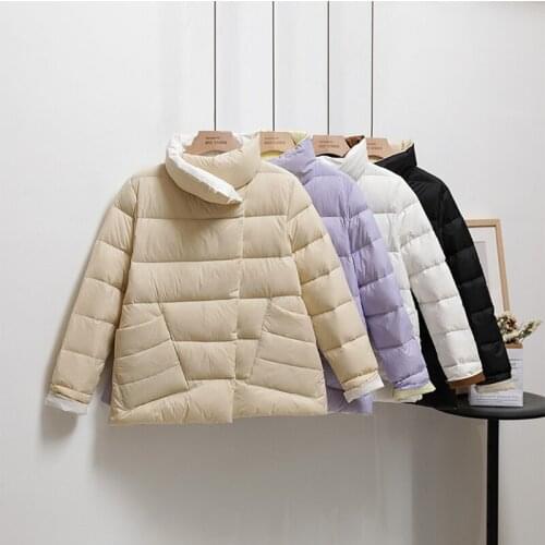 2021 Winter New White Duck Down Jacket Womens Casual Stand Up Collar Thicken Slim Two sided Fashion Short Solid Color Warm Coat