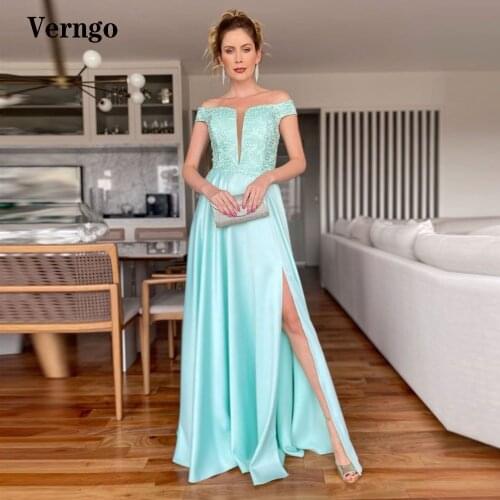 Verngo Off the Shoulder A Line Long Evening Dreses Satin Side Slit Floor Length Prom Gowns Plus Size Women Formal Party Dress