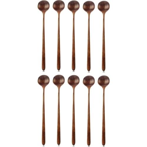 10Pcs Long Spoons Wooden,Wood Long Handle Round Spoons for Soup Cooking Mixing Stirrer Kitchen Tools Utensils 10.9 In