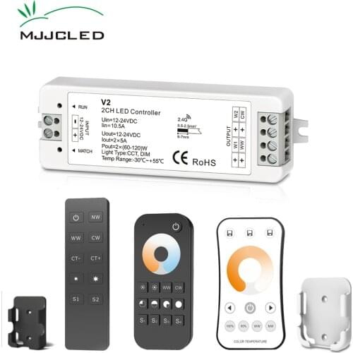 12V LED Dimmer WW CW LED Controller 12V 24V 10A 2CH 2.4G LED Single Color CCT RF Dimmer 240W Wireless Remote with Holder V2