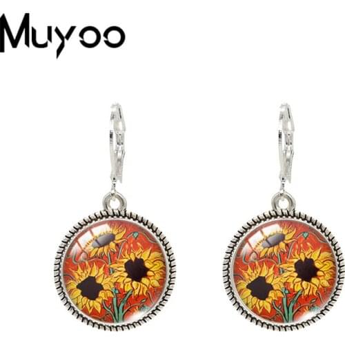 2020 New Yellow Sunflower Dangle Earring Sunflowers Painting Vintage Earring Glass Dome Hand Craft Jewelry