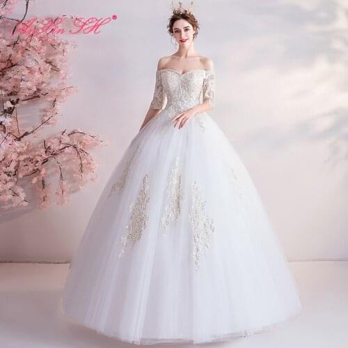 AXJFU princess golden flower white Lace ball gown one shoulder middle sleeve Princess Brides slim boat neck wedding dress 6218