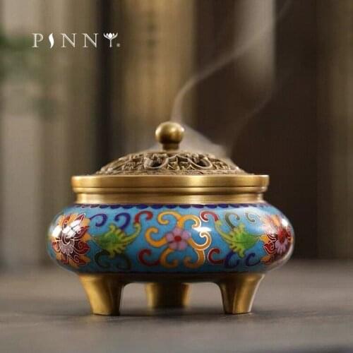 PINNY Large Cloisonne Tripod Brass Incense Burner Metal Enamel Sandalwood Censer Home Decoration Accessories Buddha Decor