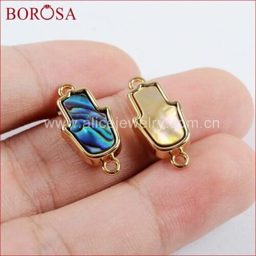 BOROSA 20PCS Hamsa Hand Natural Shell Gold Bezel Connectors Fashion Abalone Shell Copper Double Charms for DIY Jewelry WX1006