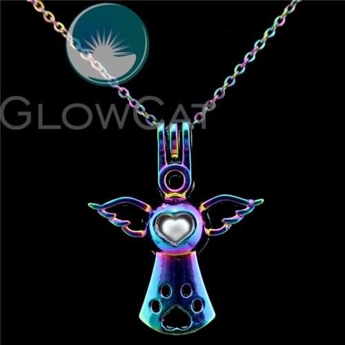 C659 Rainbow Color Angel Wings Paw Beads Cage Essential Oil Diffuser Aroma Stone Pearl Cage Locket Necklace Kids Girl Gift