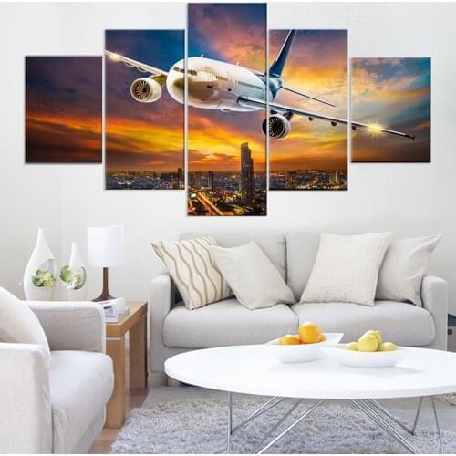 Painting Canvas Home Decor 5 Pieces/Set Dusk City Big Plane Large Poster HD Printed Wall Art Modular Pictures For Living Room