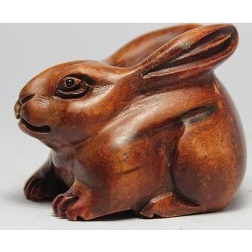 CHINESE OLD BOXWOOD HANDWORK CARVING RABBIT NETSUKE