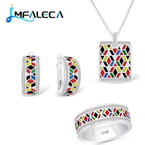 LMFALECA Topaz Fine 925 Silver Sterling Jewelry Sets for Women White Zircon Multicolor Enamel Clip Earrings Ring Necklace