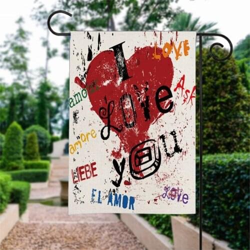 Nordic Red Love Heart Printed Linen Flag Valentines Day decoration Flag Poster for Outdoor Courtyard Garden Decorative Flag