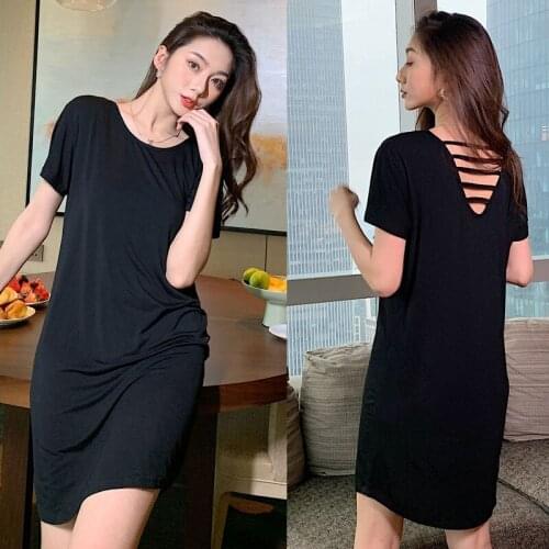 Modal Exposed Back Sexy Charade Solid Color Simple Korean-style Short Sleeve Nightgown Female Summer Pajamas Tracksuit Thin