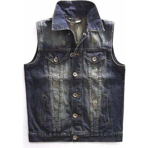 Motorcycle Denim Mens Young Man Punk Rock Moto Biker Vest With Holes Scratches Turn Down Collor Sleeveless Jackets