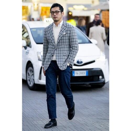 Mens Suit Jacket Black And White Grid Smart Casual Style Singal-Breasted V-Sleeve Top Fashion Handsome Overcoat