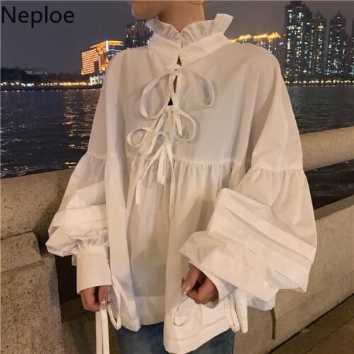 Neploe Sweet Stand Neck Doll Shirt Female Autumn Korean Puff Sleeve Blouse Cross Lace Up White Black Women Top Blusas 53501