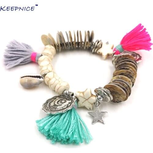 New Bohemian Boho Sea Beach Bracelets For Women Colorful Pompoms Tassel Charm Bracelet natural Stone Beaded Bangle Bracelets
