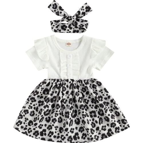 OPPERIAYA Kids Dress Baby Girls Floral Round Neck Short Sleeve One-Piece Ruffle Dresses bow Headband for Summer White Yellow