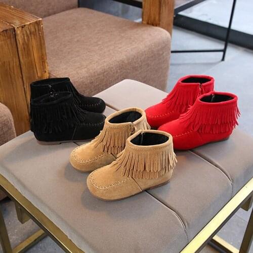 2021 Autumn and Winter New 2-10 Years GIRLS Shoes Korean Style Short Boots Tassel Martin Boots Warm Princess Leather Boots