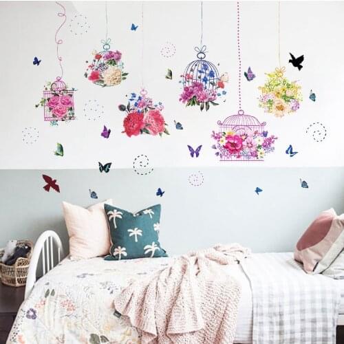 Pastoral style Butterfly flower bird cage Wall Sticker Living room bedroom decorations wallpaper Mural Removable stickers