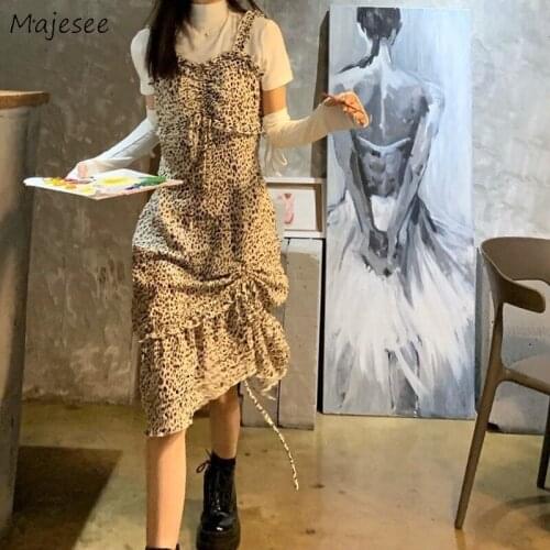 Dress Women Leopard Sleeveless V-neck Sexy Summer Fashion Streetwear Party Irregular Shirring Slim A-line Vestido Korean Style