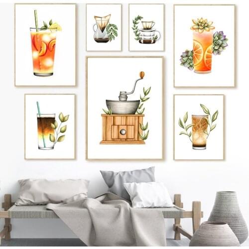 Modern Watercolor Juice Drink Coffee Leaf Wall Art Canvas Painting Nordic Posters And Prints Wall Pictures For Living Room Decor