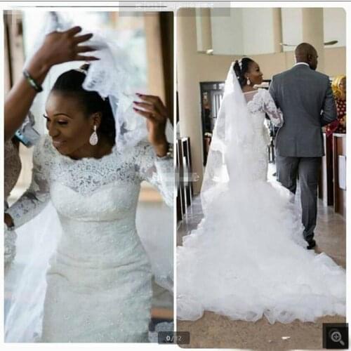 South African long sleeve Mermaid Wedding dress beaded lace appliques ruffles modest bridal gowns black girls court train