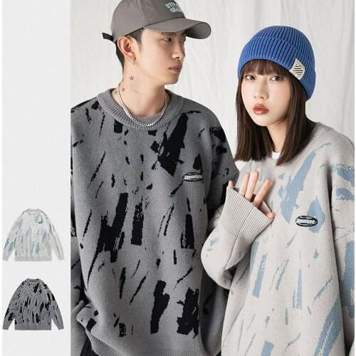 Men Hip Hop Streetwear Knitted Sweater Harajuku Oversized Boy Student Casual Couple Pullover Fashion Off whiteTops Women Girls