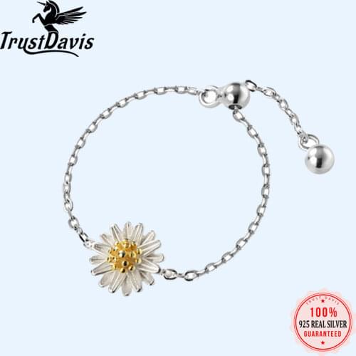TrustDavis Real 925 Sterling Silver Fashion Plant Daisy Flower Chain Ring Sizable For Women Wedding Party Fine Jewelry DB950