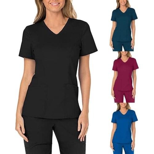 Scrubs Women Uniform Casual Short Sleeve V-neck Tops Nursing Working Uniform Solid Color Pocket Blouse uniform pielegniarski q5