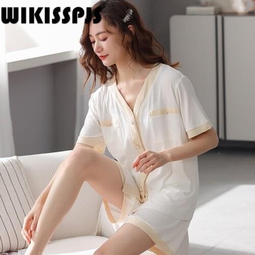 WIKISSPJS 2021 Summer New Modal Simple Solid Color Loose Womens Pajamas Two Piece Set Summer Lounge Wear Sleep Tops