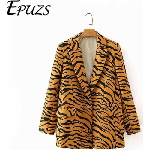 2020 Oversize Tiger pattern Famale Clothing Fashion Slim Long Sleeve Pocket Suit Casual Loose Office Work Temperament Chic Tops
