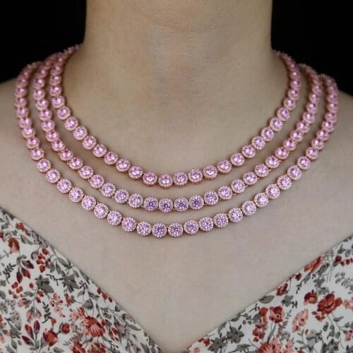 Pink color girls jewelry Iced out hiphop clear pink cz tennis necklace blling 5A round cz paved women wedding choker necklace