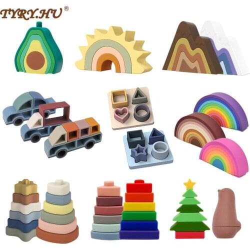 TYRY.HU 1set Silicone Building Block Silicone Teether Star Avocado Car Geometric Square Soft Block Folding Educational Game Toys