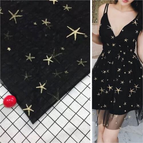 2Yards New Black Mesh Gold Stars Embroidery Tulle Fabric Bridal Wedding Fabric for Dress Scarf DIY Handmade Curtain With 140cm