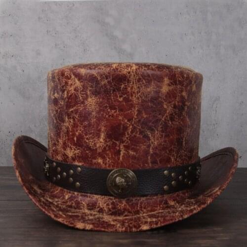 2021 3size Women Men Leather Top Hat Shower Lday Fedora Hat Magic Flat Steampunk Cosplay Pork Pie Party Caps Dropshiping 13cm