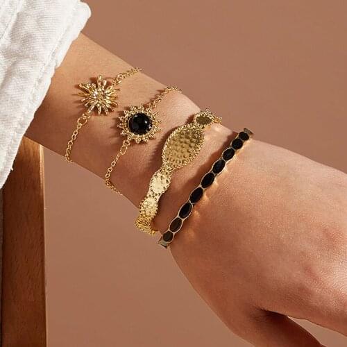 Aprilwell 4 PCs Punk Black Sunflower Charm Bracelet Sets For Women Silver Color Gothic Cuff Wrist Chain Armband Y2k Jewelry