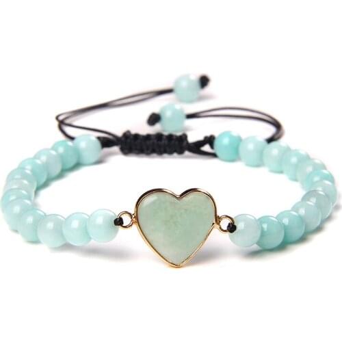 Love Heart Charm Bracelet 6mm Natural Amazonite Stone Rose Quartz Beads Braided Bracelet for Women Men Romantic Jewelry Gifts