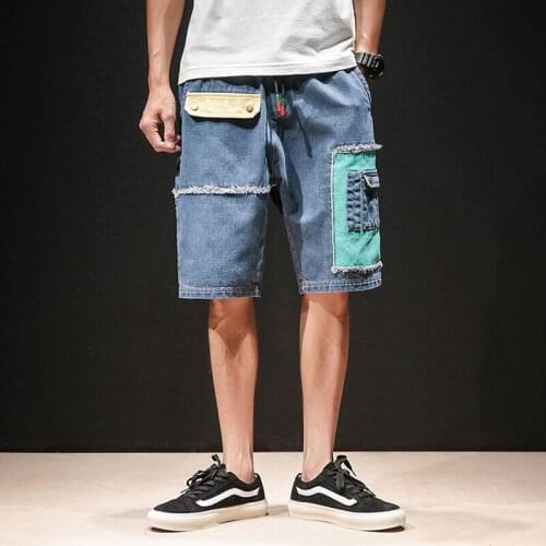 2021 Summer Ripped Denim Pants Retro Casual Shorts Mens Patchwork Elastic Waist Jeans Short Knee-Length Pants Hip Hop Trousers